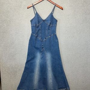 VTG Moda Intl Dress Women 4 Denim A Line Y2K Midi Casual Strappy Bustier Style